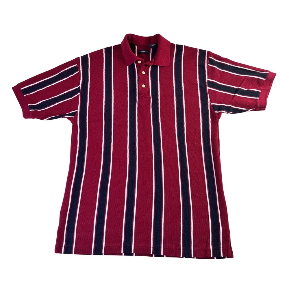 Vintage 90s Gant Mens Polo Shirt Red Navy Blue Vertical Stripe Pique Medium